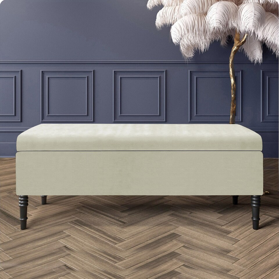 image 1 of 137cm Paris Plain Ottoman Storage Bench -Naples Shoes Bench with Black Turned Wooden Legs - Cream Upholstery Storage Footstool