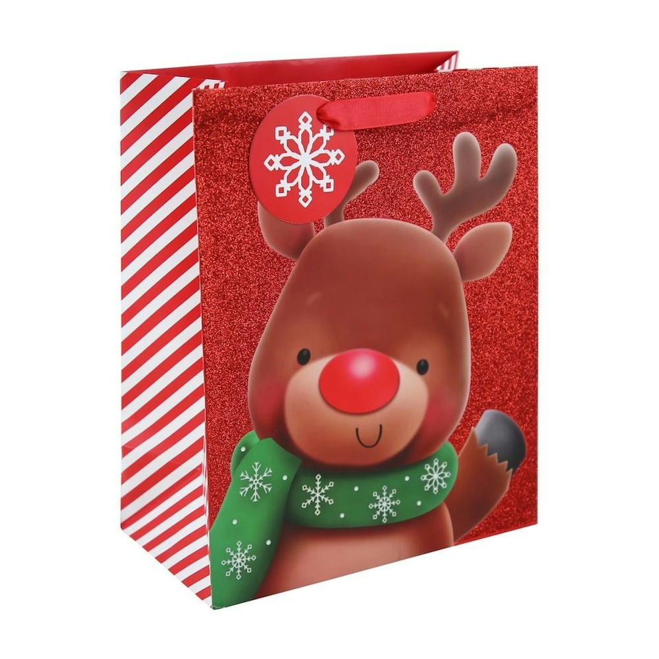 Pack of 12 Rudolph Glitter Large Christmas Gift Bags