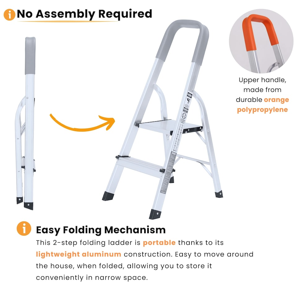 image 1 of Lightweight Step Ladders - Compact Aluminium Stepladder with Non-Slip Wide Step, Portable Silver Color - Tall Folding Ladder with Platform Silver | 2- Step 88cm