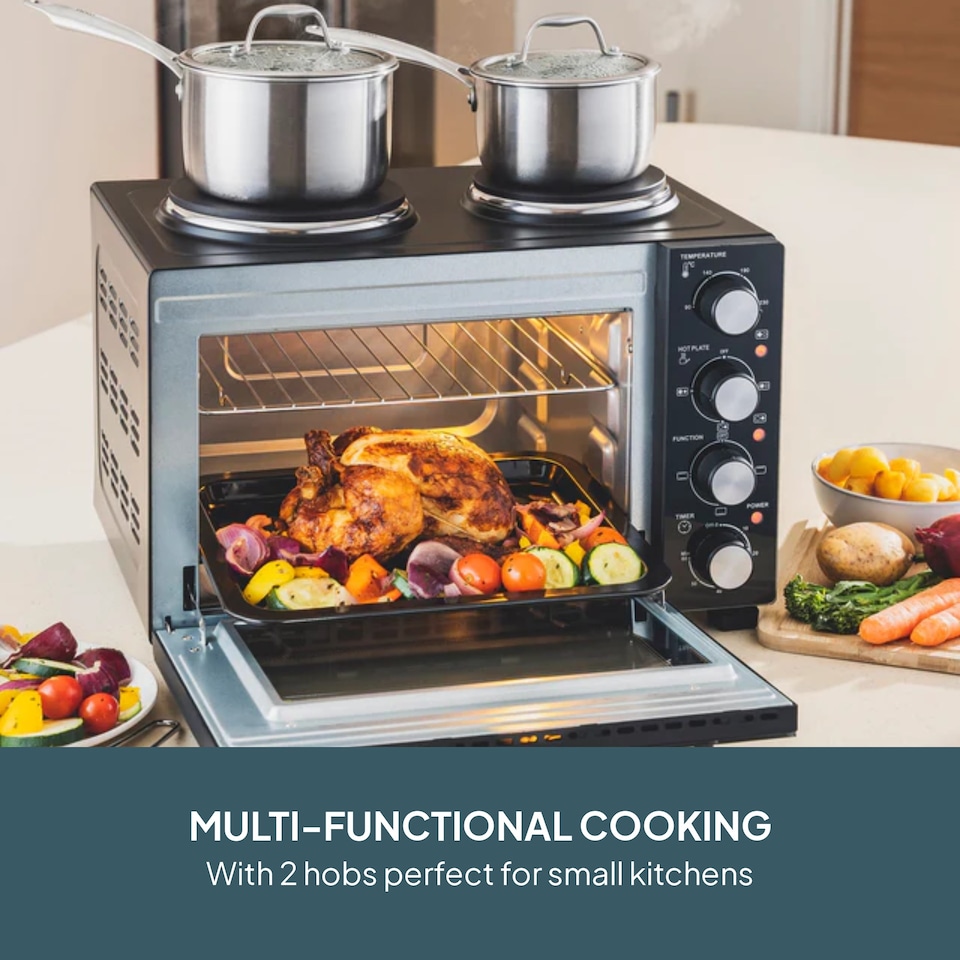 image 1 of Cooks Professional 28L Mini Oven with 2 Hobs - Electric Multifunction Countertop Cooker | Black | Black & Silver