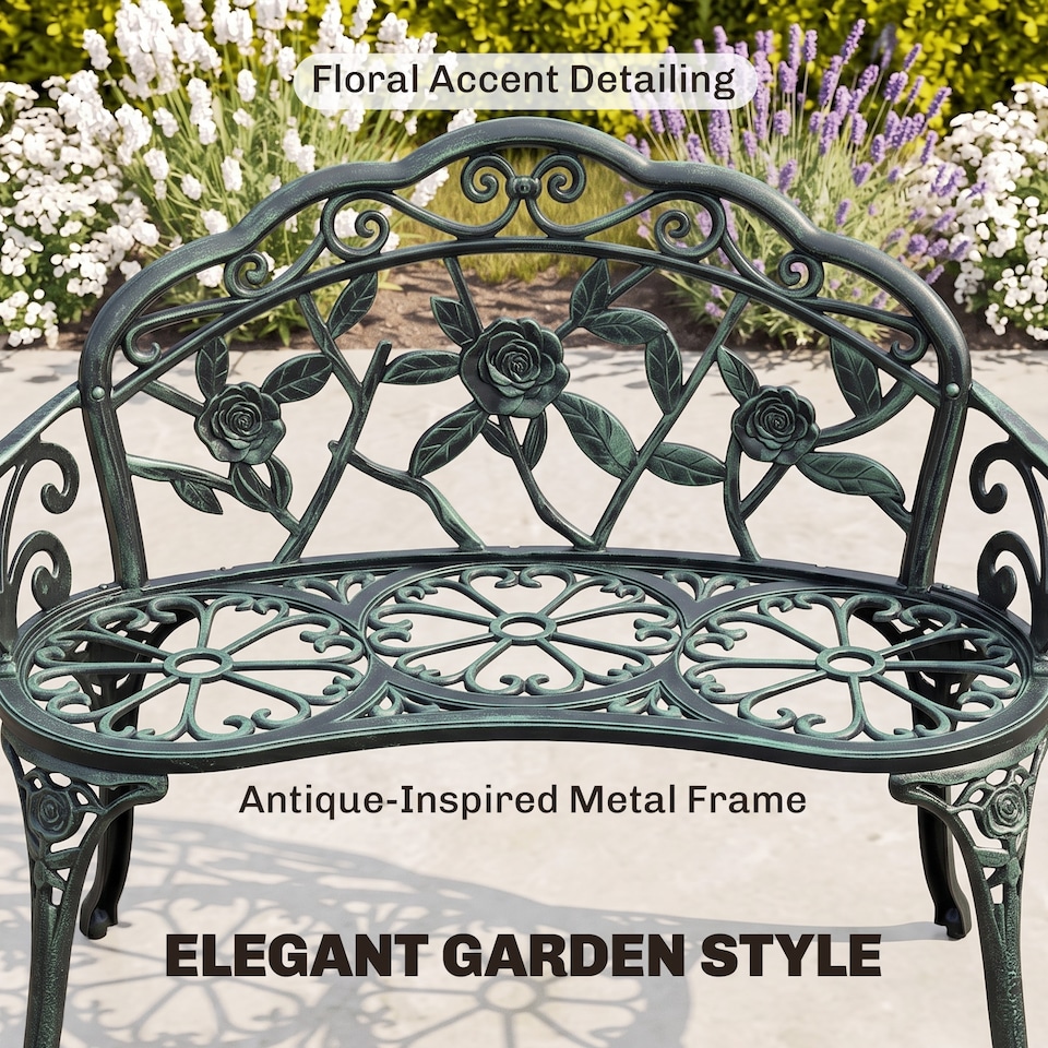 image 1 of Outsunny Garden Bench Porch Park Seat Vintage Rose Style Cast Aluminium | Green | Green