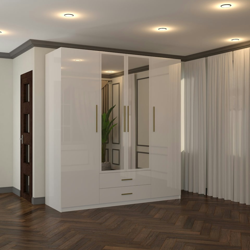 image 1 of Modern 4-Door High Gloss Wardrobe with Soft-Close Mirrors, Gold Accent Handles, Drawers & Shelves – 160cm Wide White | White160cm