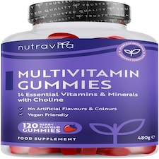 Nutravita Vegan Multivitamin Gummies with 14 Vitamins & Minerals incl. Vitamin C D3 B12 Biotin Zinc - 120 Berry Flavour Chewable Adult Multivitamins