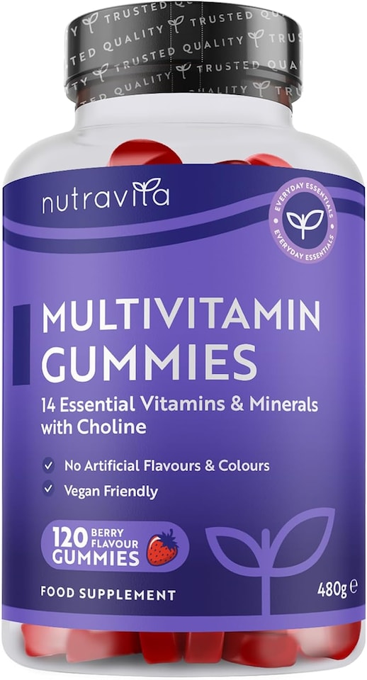 image 1 of Nutravita Vegan Multivitamin Gummies with 14 Vitamins & Minerals incl. Vitamin C D3 B12 Biotin Zinc - 120 Berry Flavour Chewable Adult Multivitamins