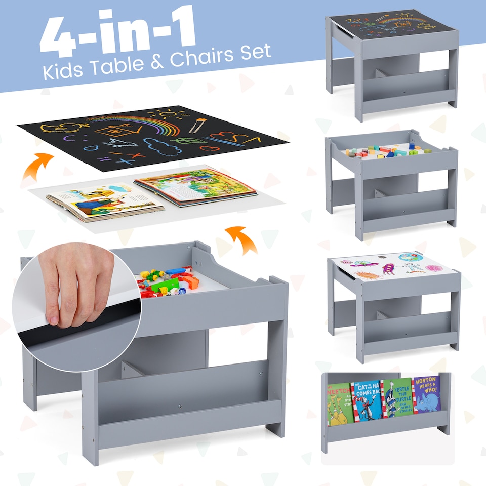 image 1 of COSTWAY Kids Table & Chairs Set 4 in 1 Toddler Table Grey