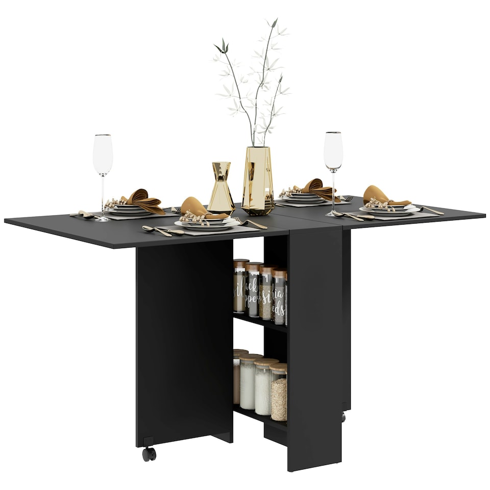 image 1 of HOMCOM Rolling Drop Leaf Dining Table Folding Kitchen Table with Open Shelves