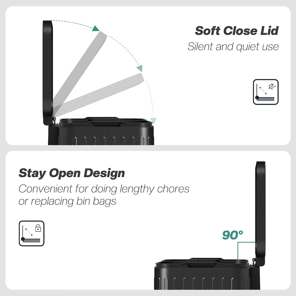 image 1 of HOMCOM Dual Kitchen Bin, 2 x 20L Double Bin for Recycling and Waste, Fingerprint-proof Pedal Bin with Soft-Close Lid, Removable Inner Buckets, Black | Black | 1