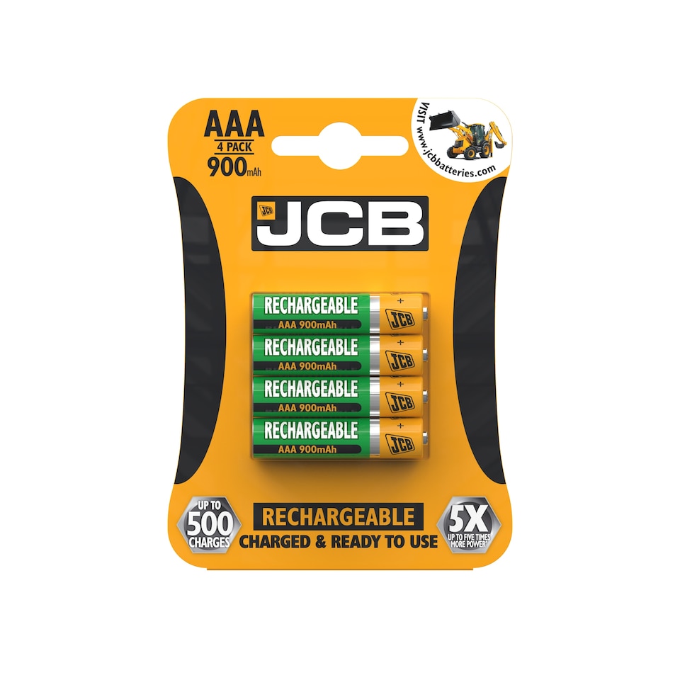 JCB AAA 900mAh Rechargeable Batteries - Pack of 4 | Multi | AAA | 4