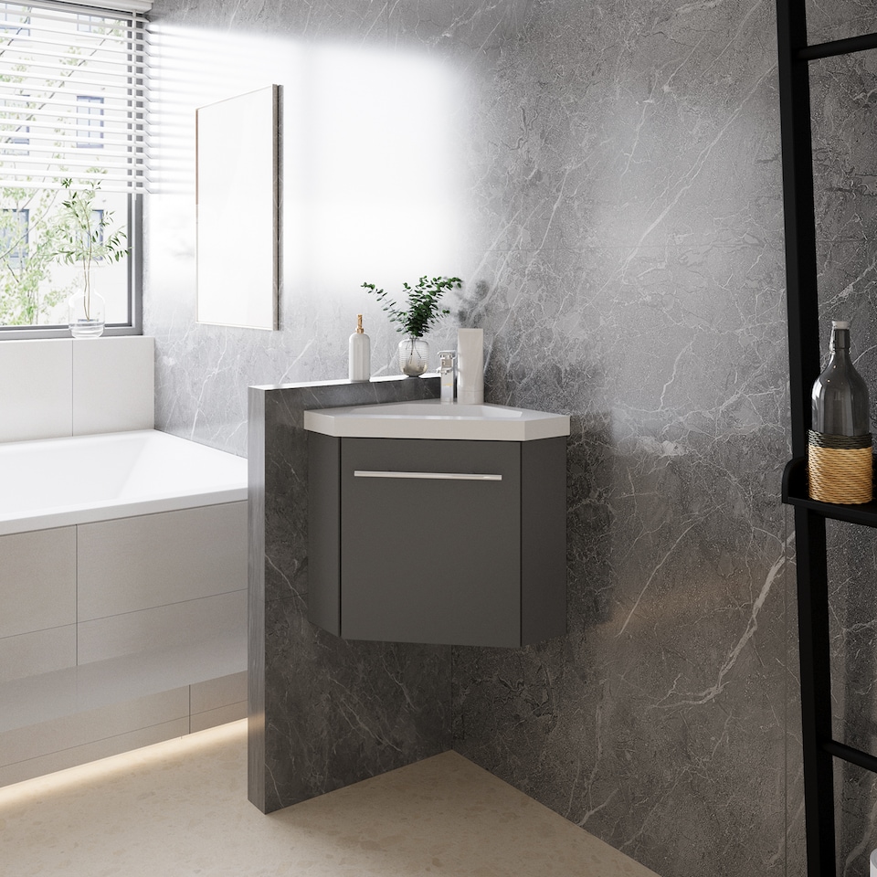 image 1 of AICA 395mm Matte Anthracite Bathroom Vanity Unit With Integrated Sink, 1 Door Soft-Close Place in the corner