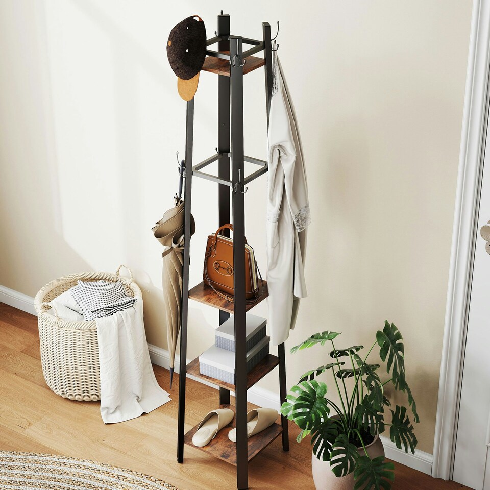 image 1 of HOMCOM Industrial Coat Stand with 4 Storage Shelves and 8 Hooks Rustic Brown | Brown | Black | One Size