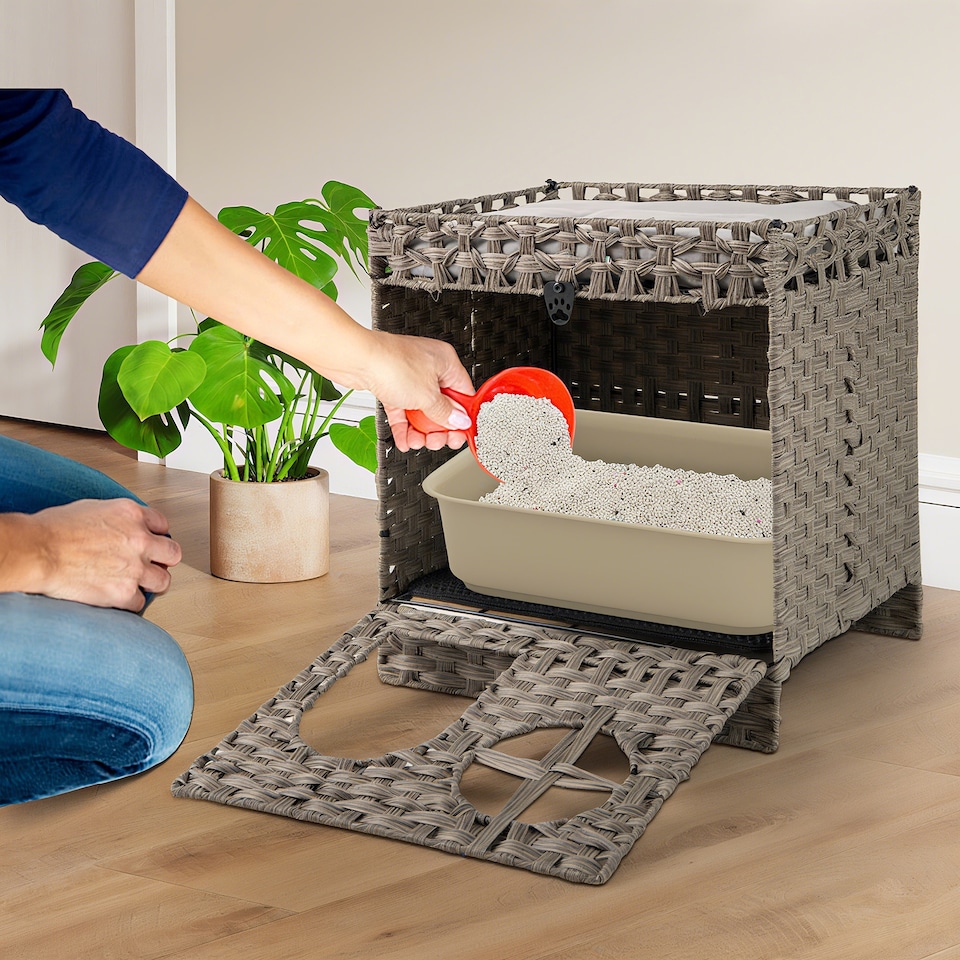image 1 of COSTWAY Foldable 2-tier Rattan Cat Litter Box Enclosure With  Litter Mat-Gray