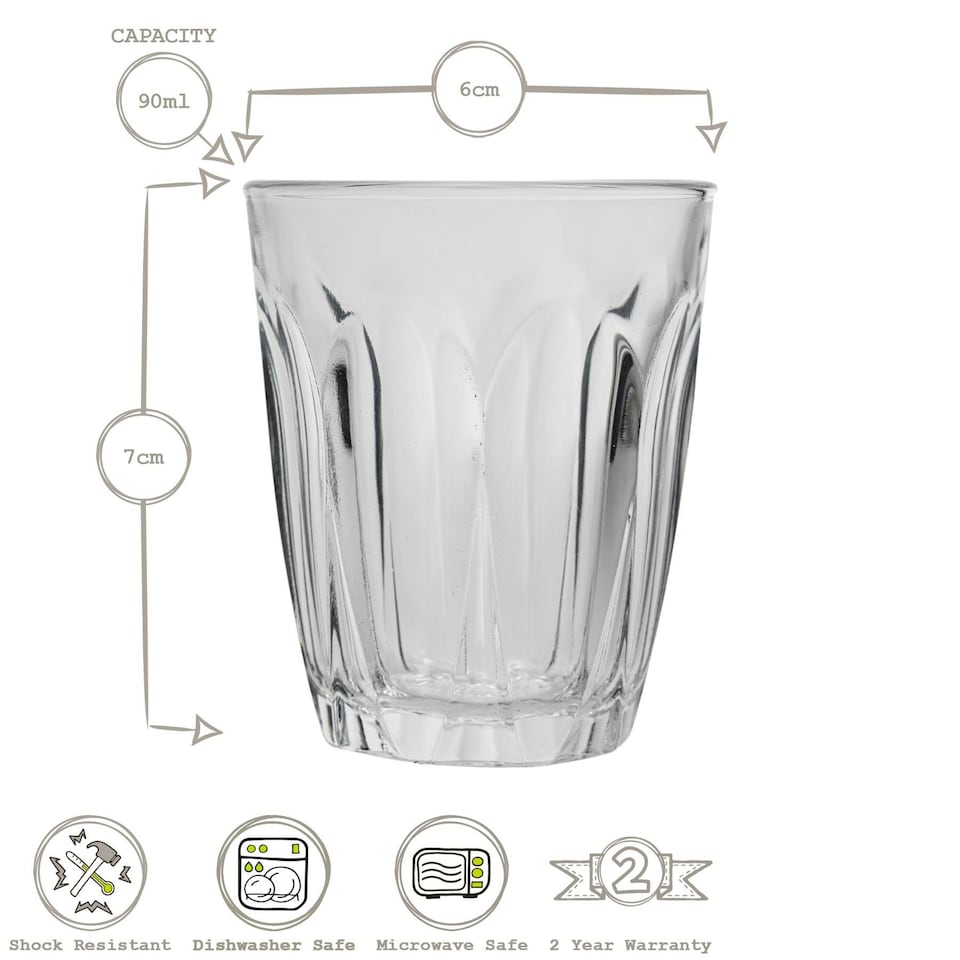 image 1 of Duralex Provence Shot Glass Espresso Cups - 90ml Drinking Glasses - Pack of 6 Clear