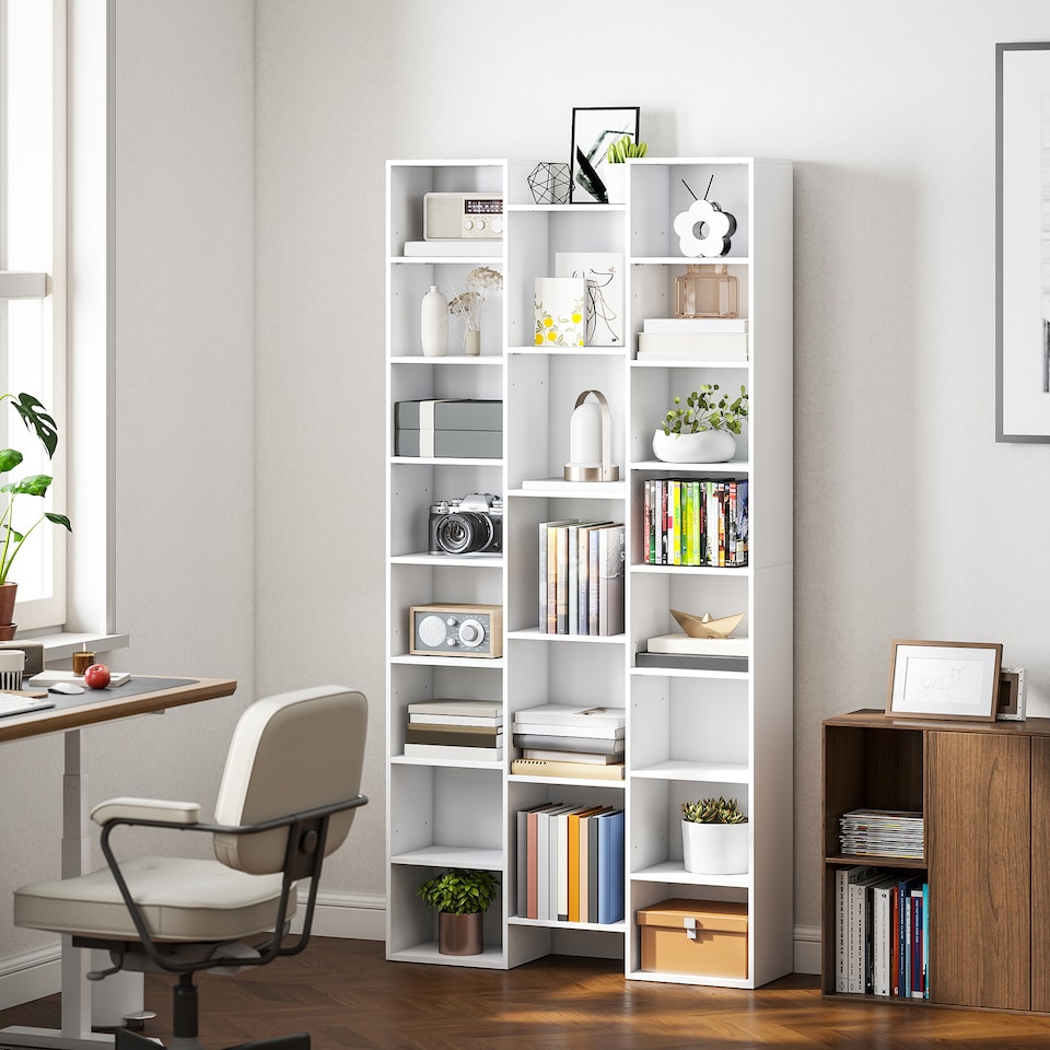 image 1 of HOMCOM 21-Cube Tall Bookcase, Modern Cube Book shelf with 10 Adjustable Shelves, Freestanding Multi-Functional Storage Unit for Living Room, Home Office, Bedroom, 181 x 89.5W cm, White | White | White