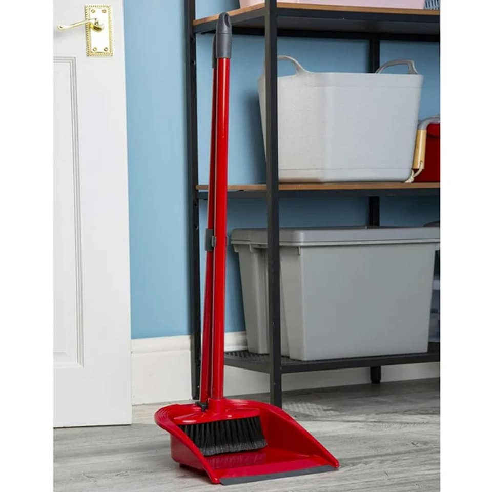 image 1 of 2 Sets of Tall Long Handled Red Dustpan & Brush Set For Indoor Sweeping Home & Kitchen Red