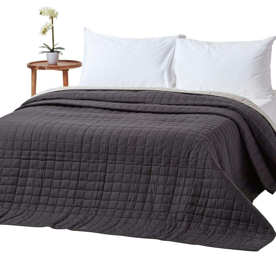 image 1 of Homescapes Cotton Quilted Reversible Bedspread Black and Grey - 230 x 250 cm | Black