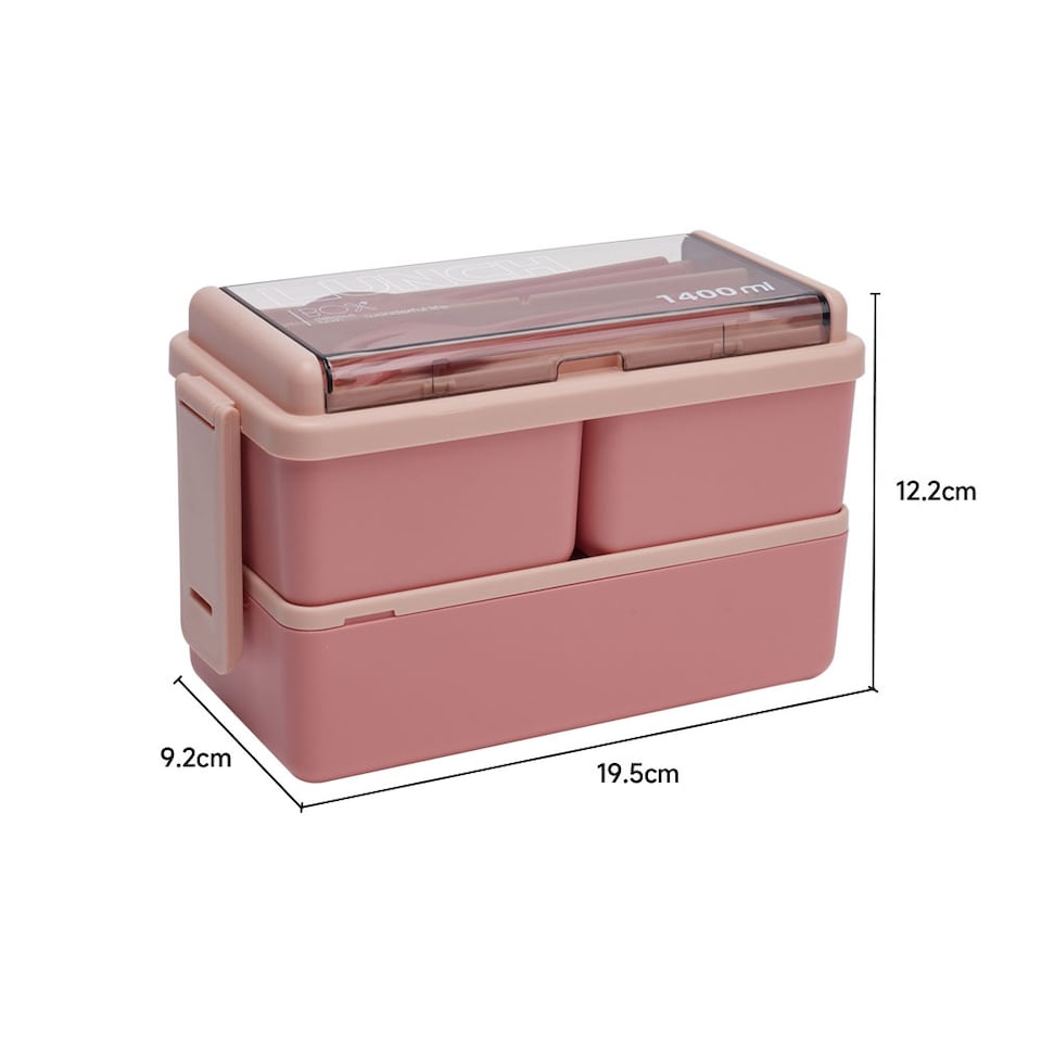 image 1 of Living and Home Dual-Layer Plastic Bento Lunch Box with Cutlery | Pink