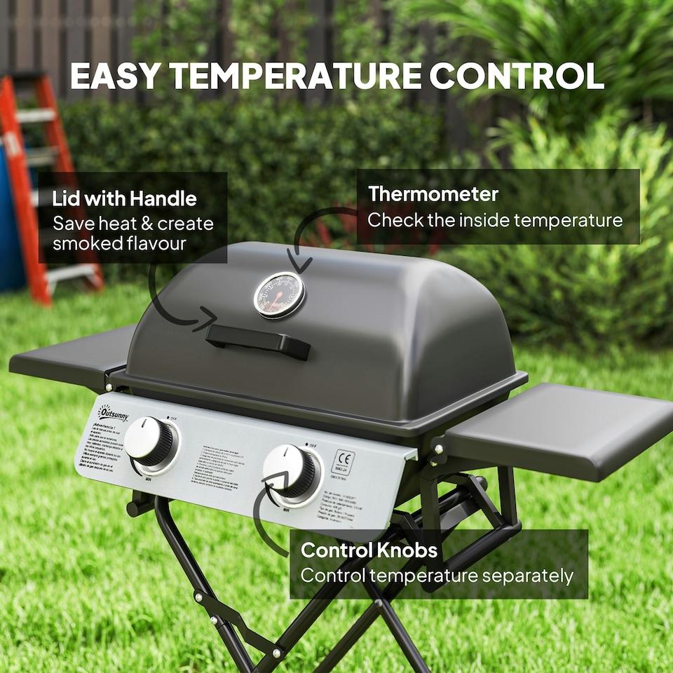 image 1 of Outsunny Portable Foldable Gas Barbecue Grill with Thermometer, Lid, Black