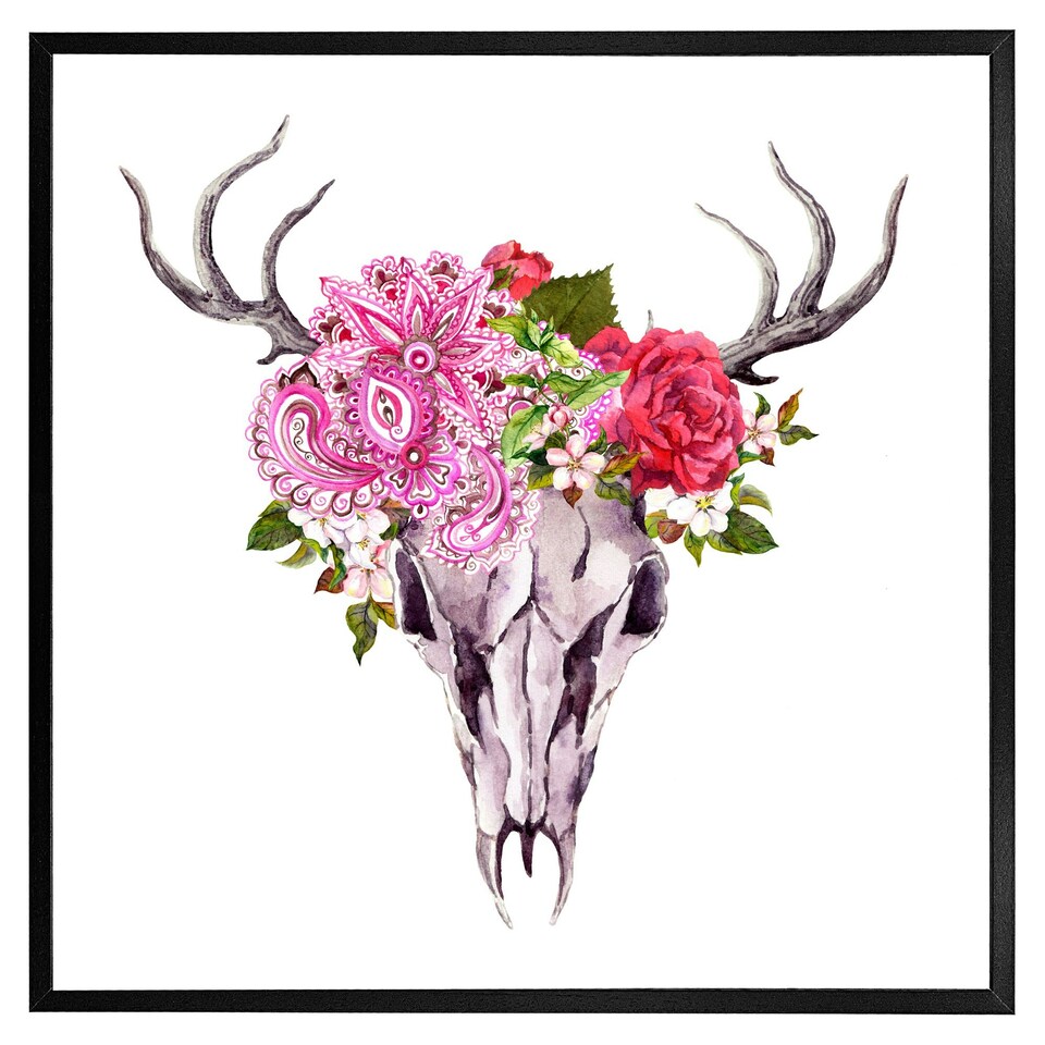 image 1 of Deer animal skull with flowers and feathers (Picutre Frame) Brown | Oak | M