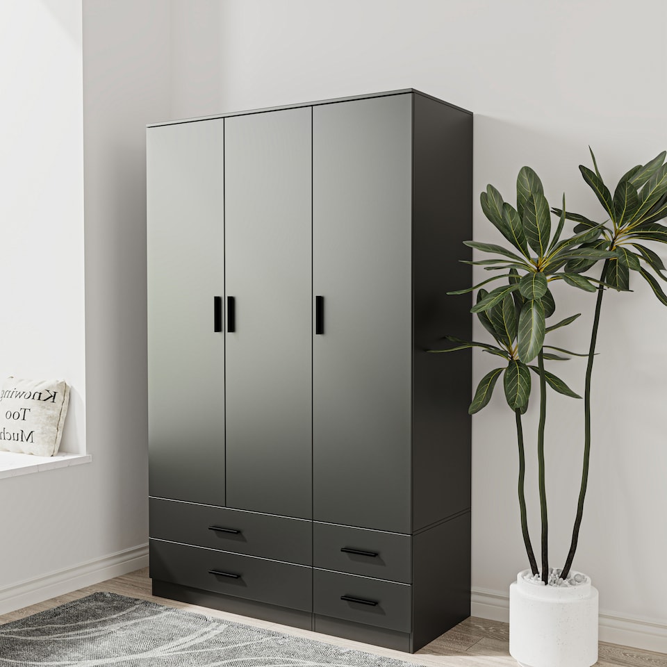 image 1 of 3 Door 4 Drawer Wardrobe With Hanging Rail And Storage Shelf | Black | Black Carcass & Door | 1