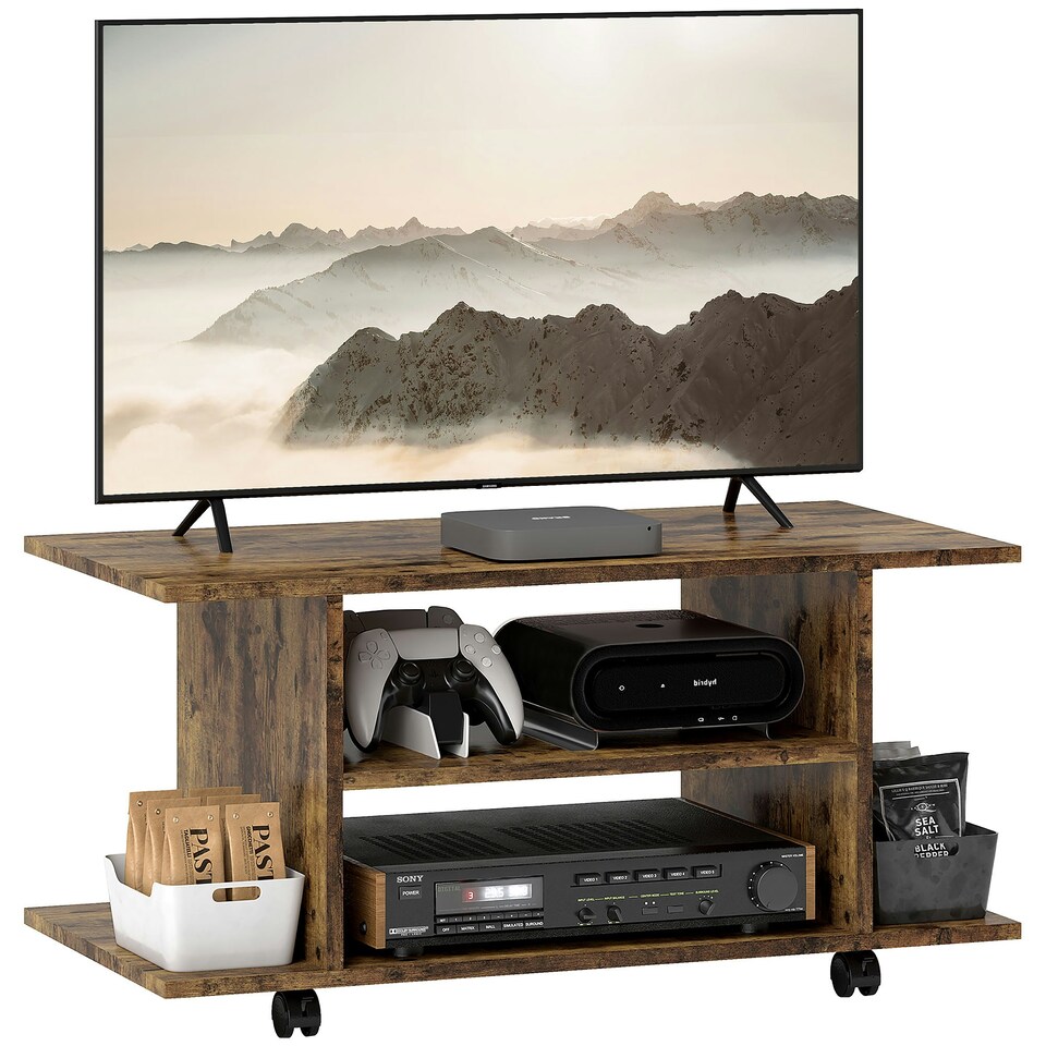 image 1 of HOMCOM Modern TV Cabinet Stand Storage Shelves Table Mobile Rustic Brown