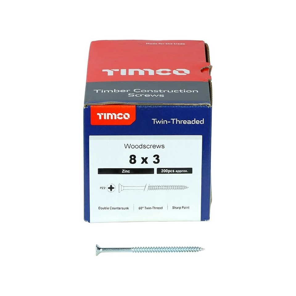 image 1 of Timco - Twin-Threaded Woodscrews - PZ - Double Countersunk - Zinc (Size 8 x 3 - 200 Pieces)