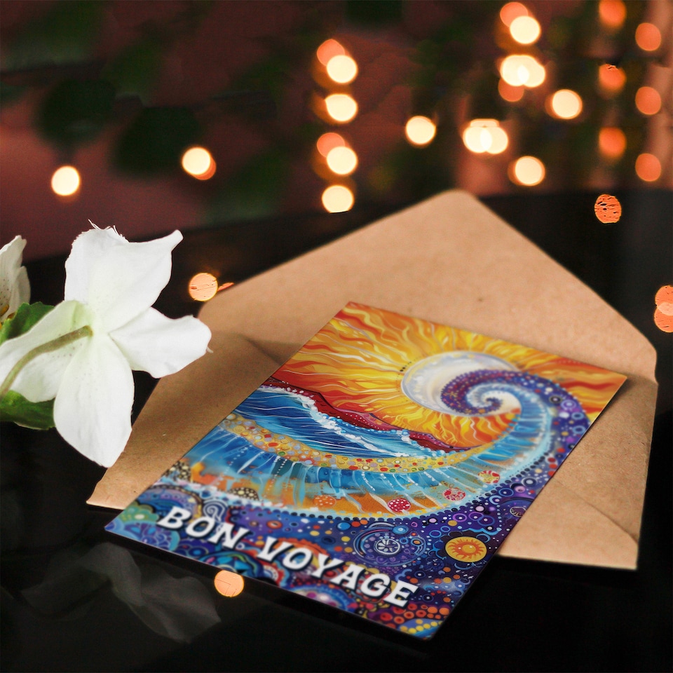 image 1 of Bon Voyage Sun Colourful Seascape Wave Folk Art Farewell Card