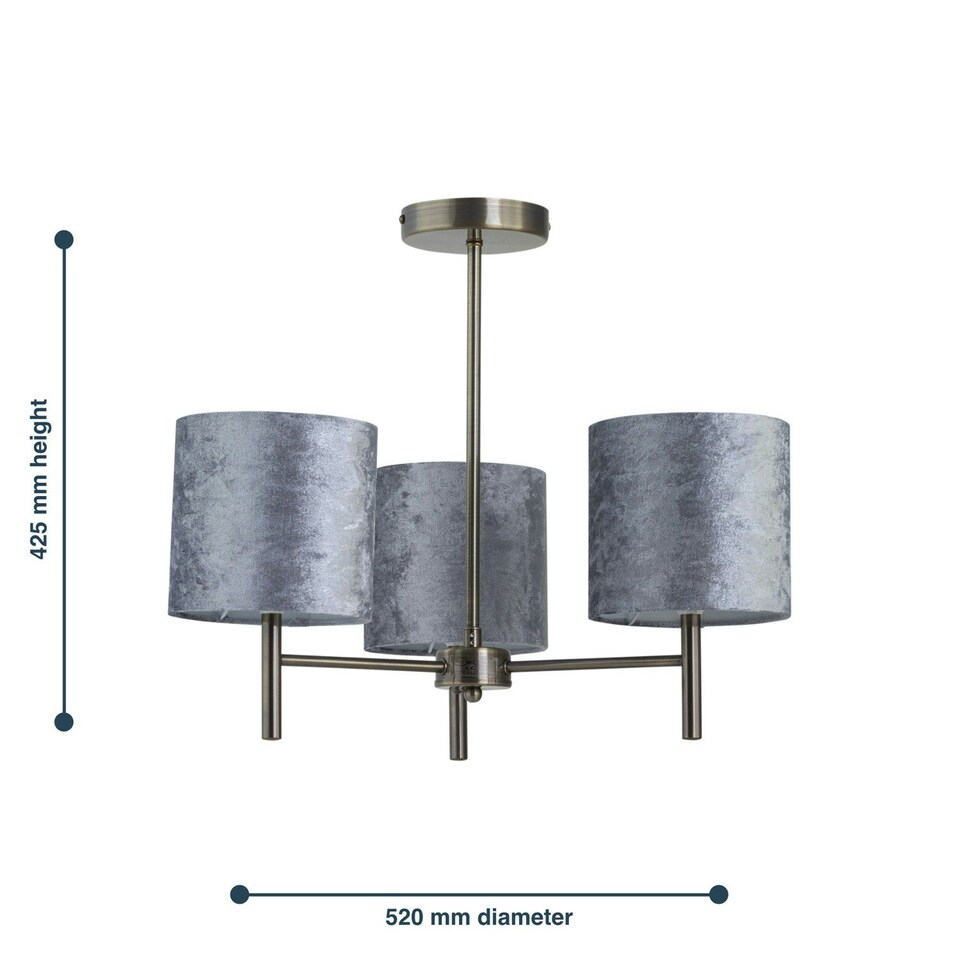 image 1 of Brea - Antique Brass 3 Light Fitting with Grey Crushed Velvet Shades Bronze | Grey