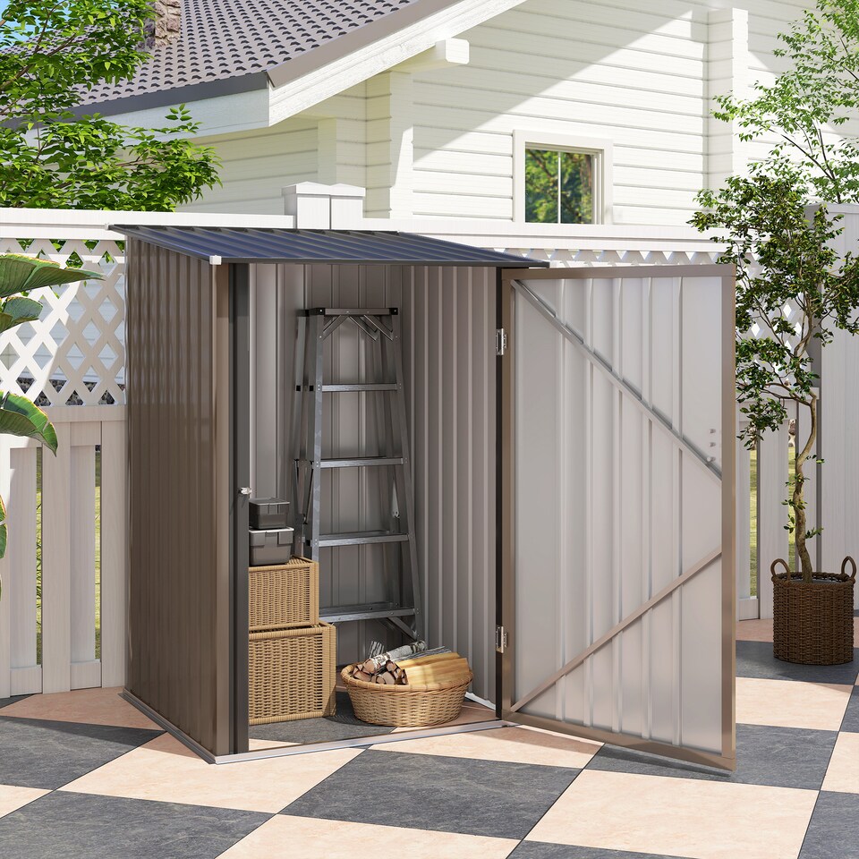 image 1 of Outsunny 3.3ft x 3.4ft Lean to Garden Shed, Metal Outdoor Storage Shed with Single Lockable Door, Tool Storage Shed for Garden, Patio, Lawn, Brown