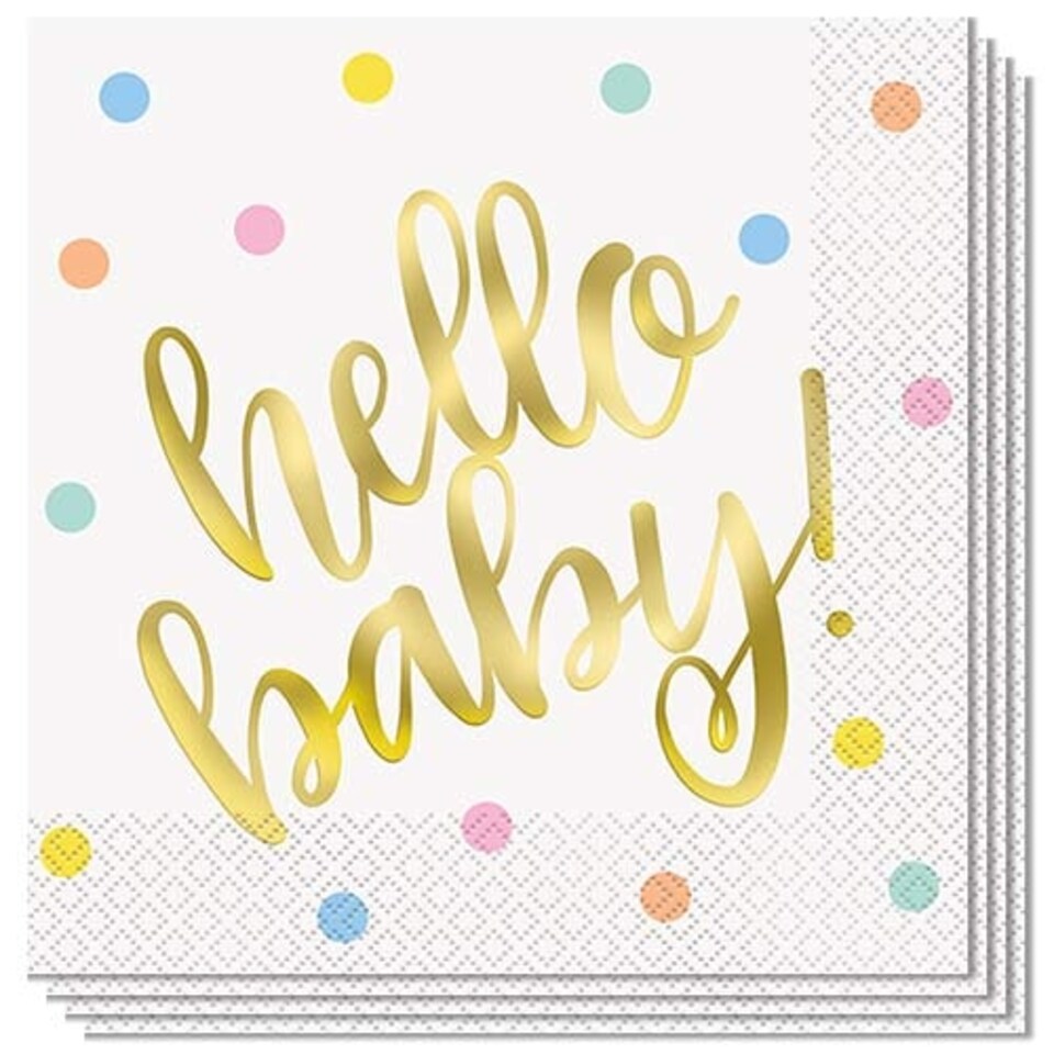 Gold Foil Hello Baby Luncheon Napkins 33cm 2Ply - Pack of 16