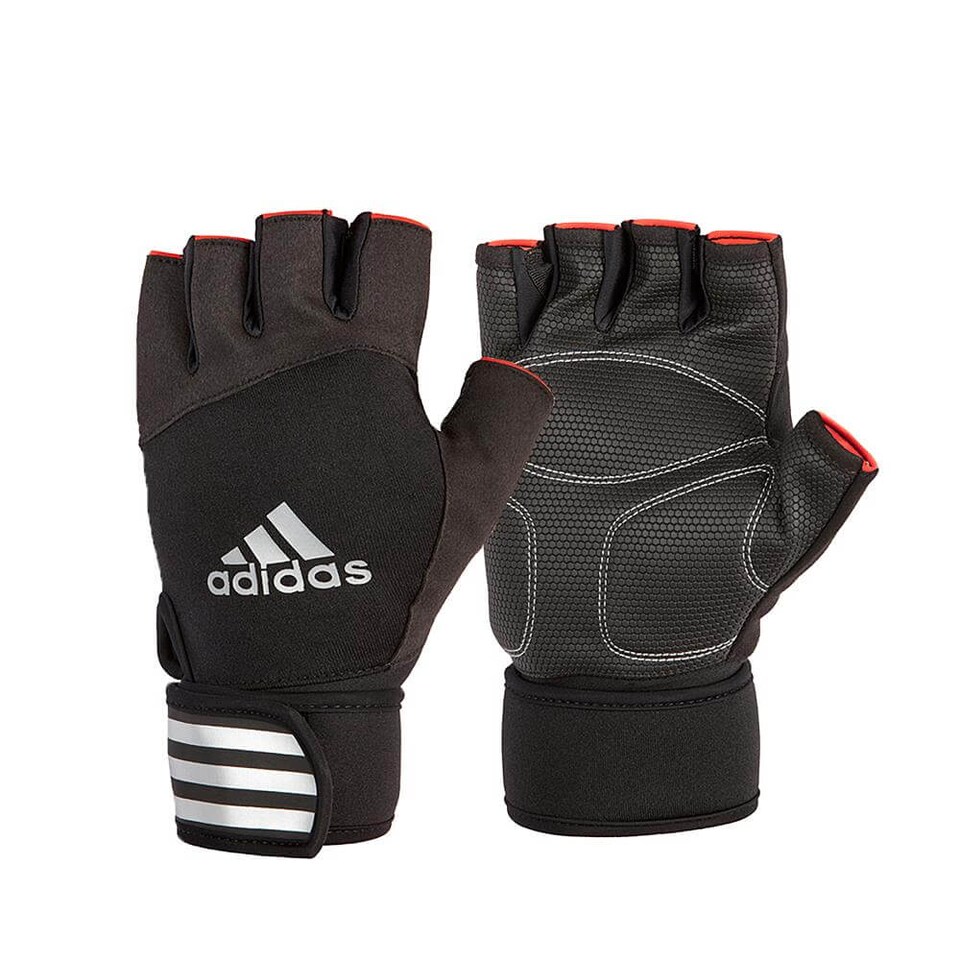 image 1 of Adidas Half-Finger Weightlifting Gloves, Black/White — Padded Palm & Wrist Strap (Size S) | Multi | Black/White | S
