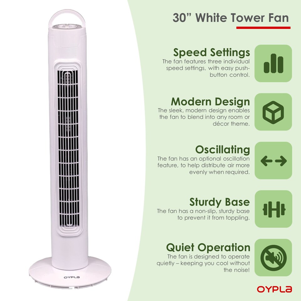 image 1 of 30 Inch Free Standing 3-Speed Oscillating Tower Cooling Fan
