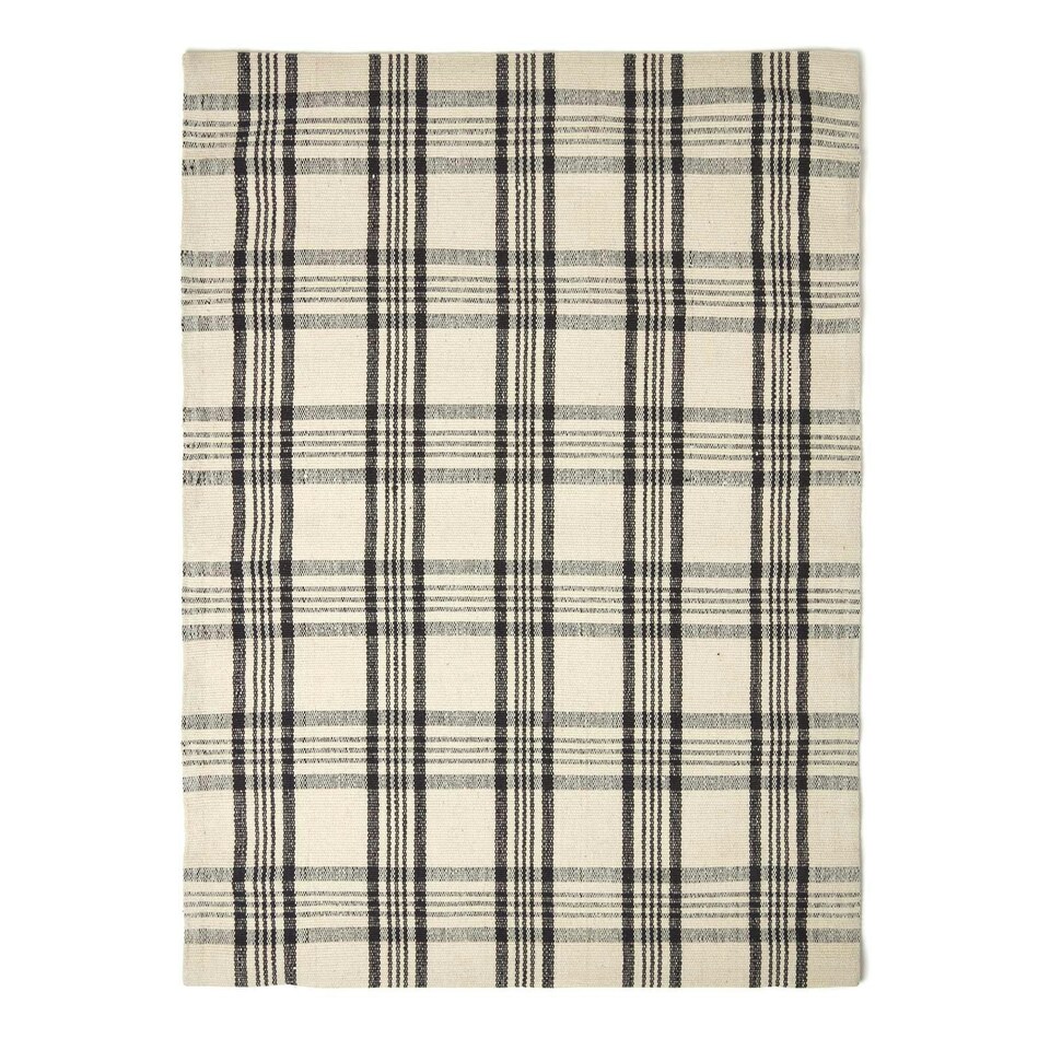 image 1 of Homescapes Logan Black and White Tartan Check Non-Slip 100% Wool Rug - 70 x 120 cm Black | 70 x 120 cm