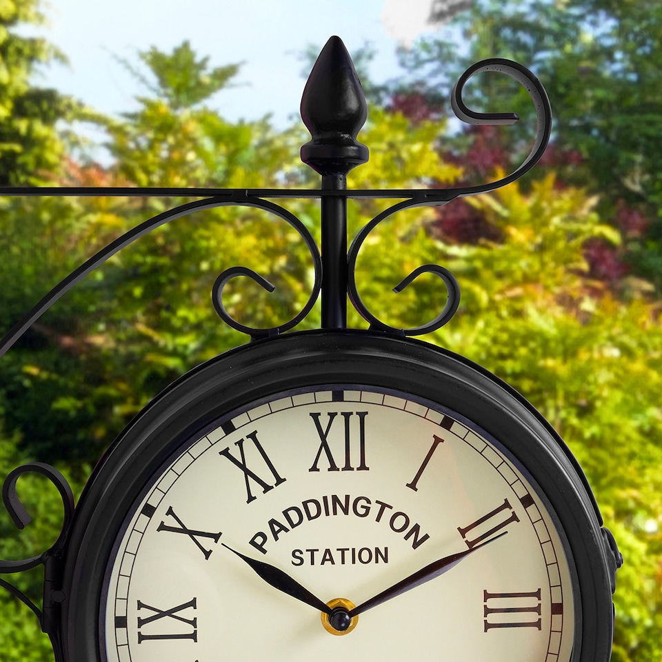 image 1 of Black Paddington 20cm Double Sided Faced Metal Garden Outdoor Wall Clock