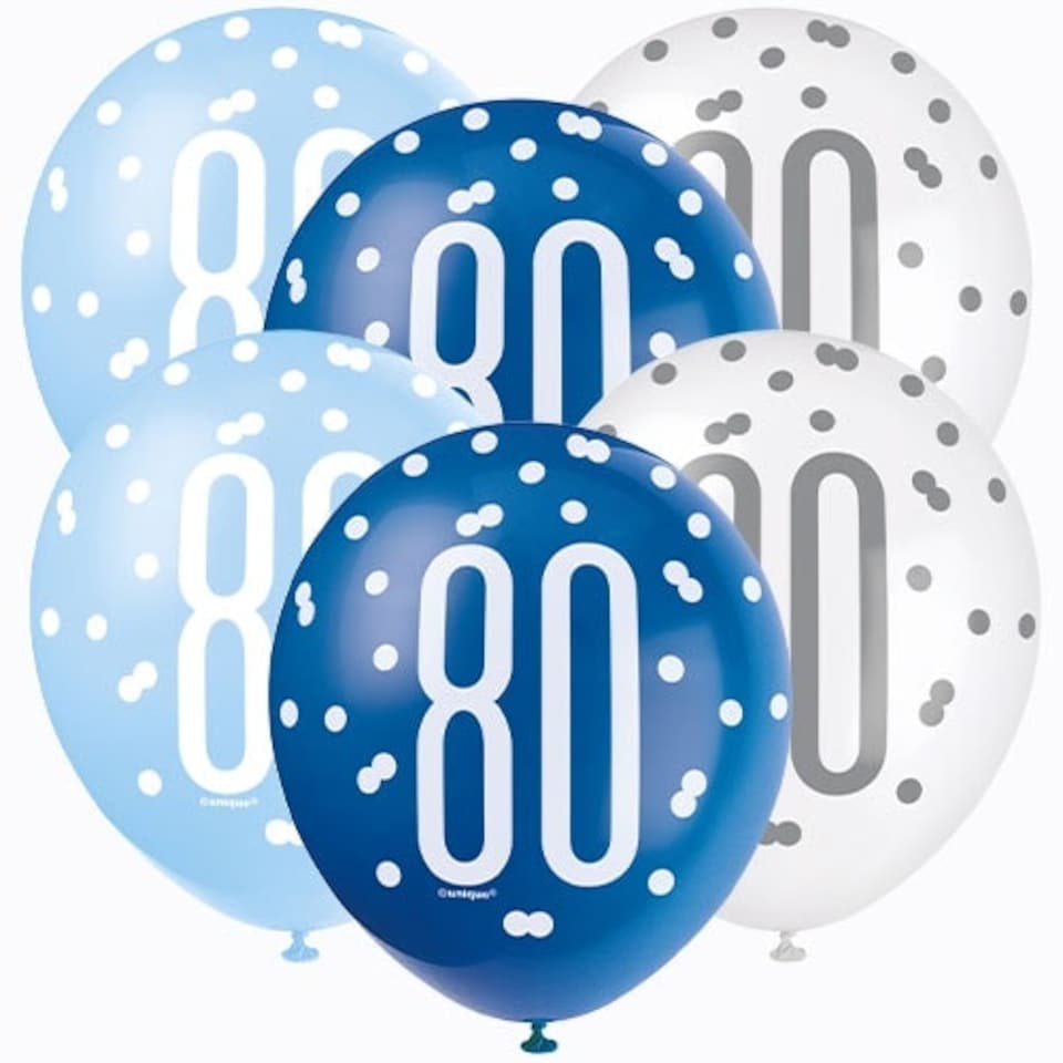 image 1 of Blue Glitz Age 80 Assorted Biodegradable Latex Balloons 30cm / 12 in - Pack of 6