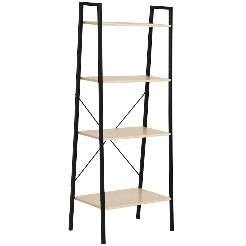 image 1 of HOMCOM 4-Tier Minimalistic Ladder Shelf Unit Steel Frame Display Storage Oak