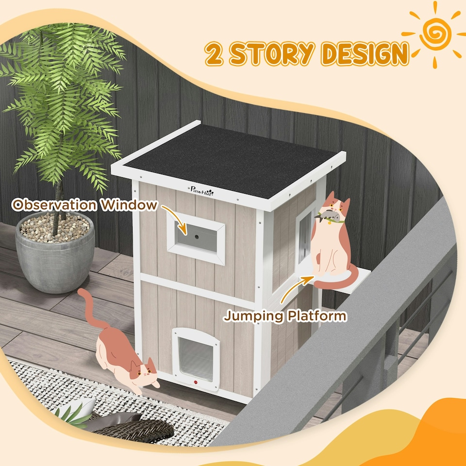 image 1 of PawHut Outdoor Wooden Cat House w/ Removable Bottom, Escape Doors, for 1-2 Cats