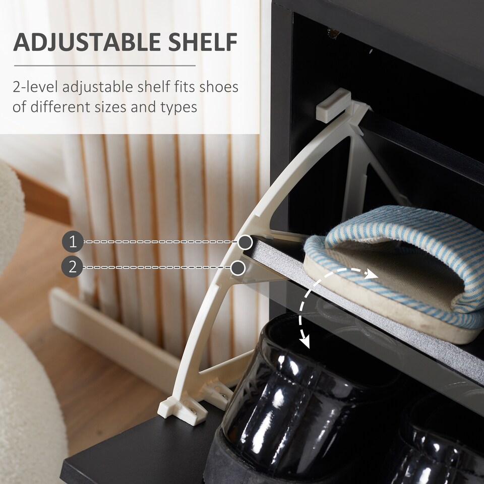 image 1 of HOMCOM 2 Drawer Shoe Cabinet, Narrow Shoe Storage Cabinet with Flip Doors and Adjustable Shelves, Slim Shoe Cupboard for 12 Pairs of Shoes for Entryway, Hallway, Black