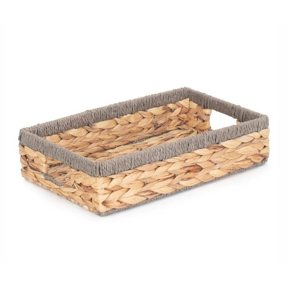 image 1 of Shallow Rectangular Water Hyacinth with Grey Rope Border Storage Basket Brown | Brown | L