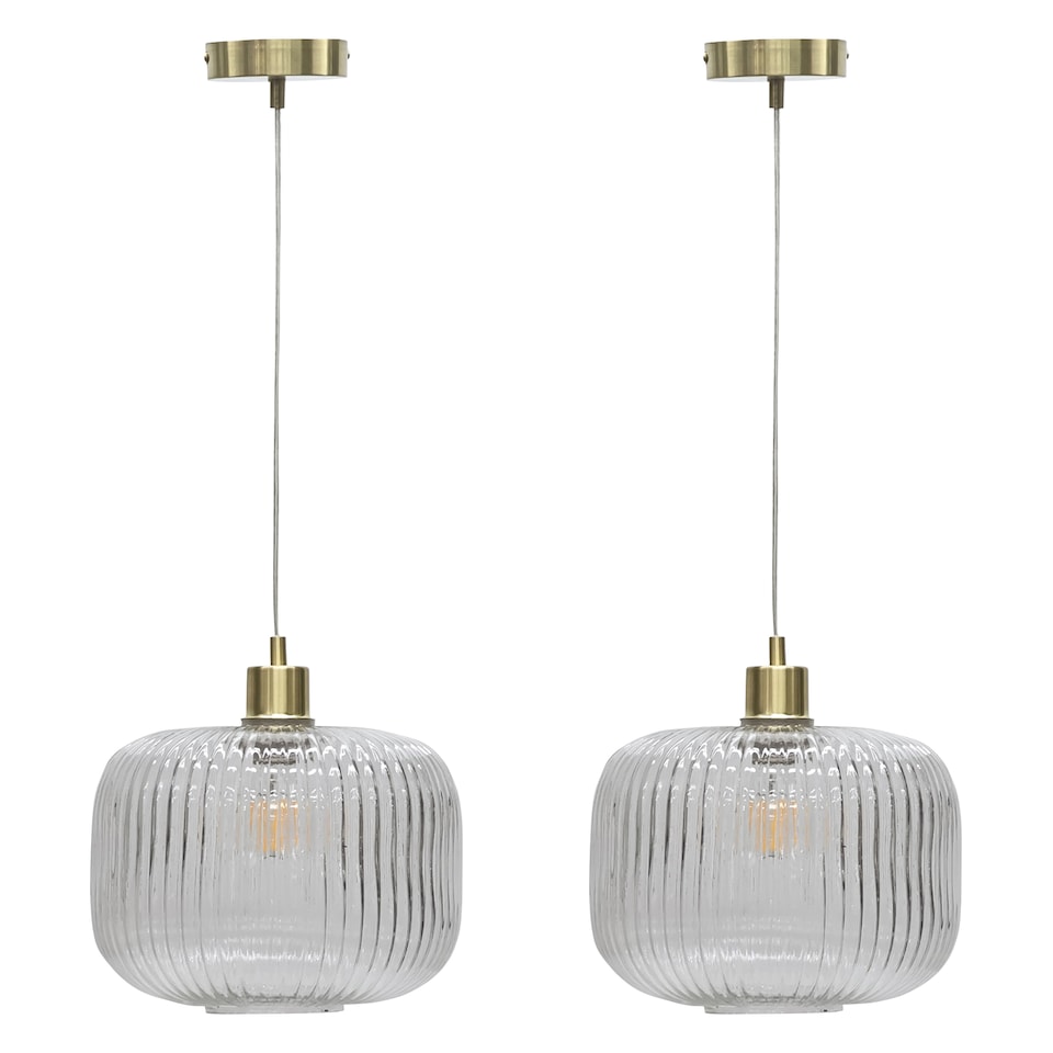 image 1 of Set of 2 Batley Large - Clear Ribbed Glass with Satin Brass Pendants | Clear | Clear ribbed glass with satin brass plate detail | Small | 2
