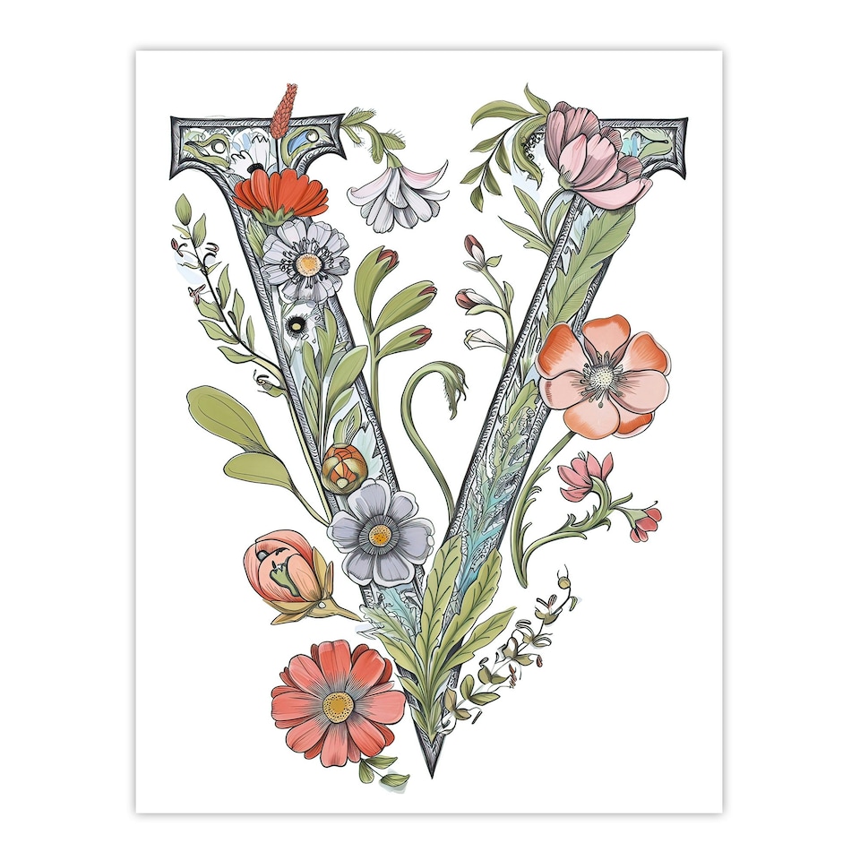 image 1 of Letter V Wildflowers Elegant Birthday Gift Mum Black Framed Wall Art Print A4