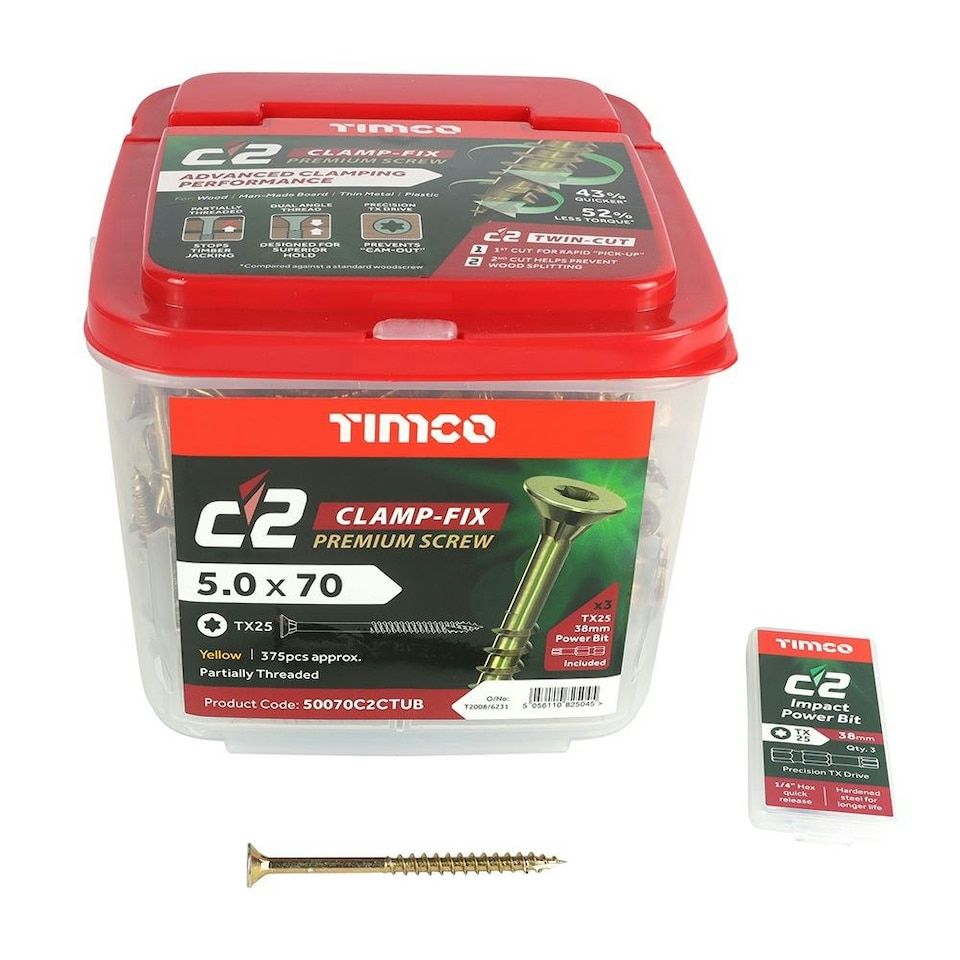 image 1 of Timco - C2 Clamp-Fix Premium Clamping Multi-Purpose Screws - TX - Double Countersunk - Yellow (Size 5.0 x 70 - 375 Pieces)