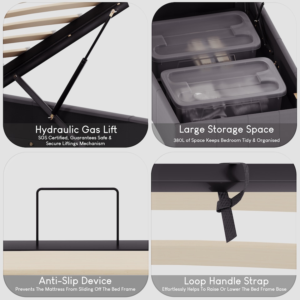 image 1 of Vida Designs Lisbon 3ft Single Ottoman Bed Storage Faux Leather, Grey, 90 x 190cm