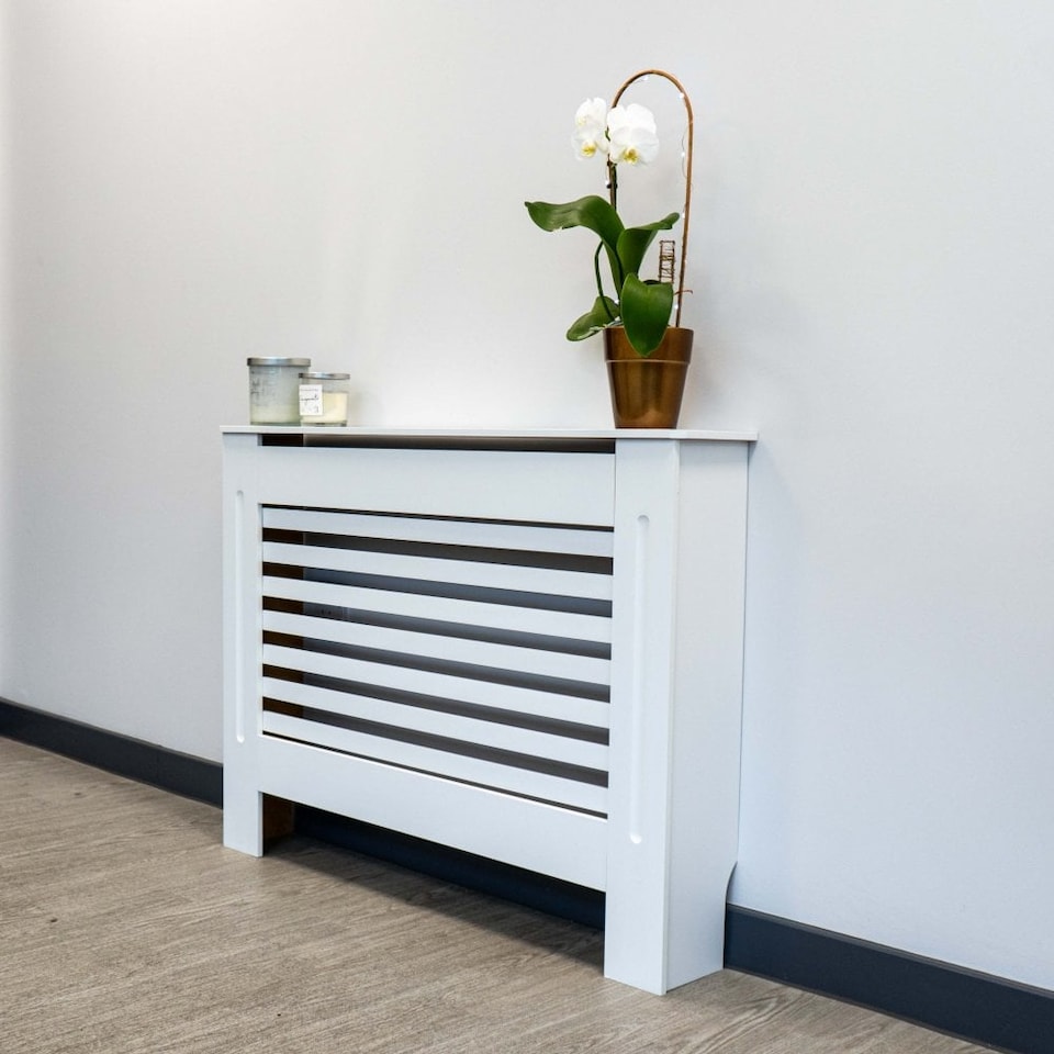 image 1 of JSH Radiator Cover White Horizontal Slat Wood MDF - Medium - 112cm (W) x 81.5cm (H) x 19cm (D) | White