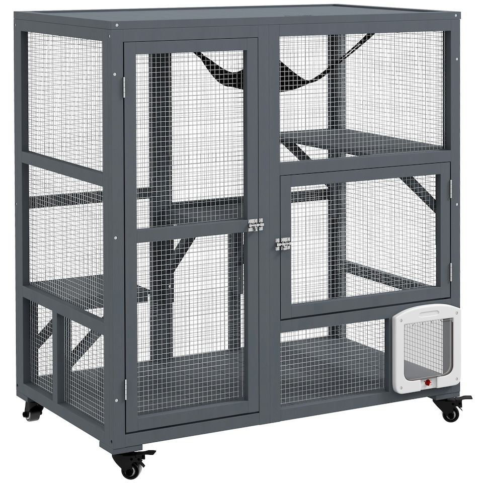 image 1 of PawHut Indoor Catio Cat House on Wheels with Platforms, Hammock