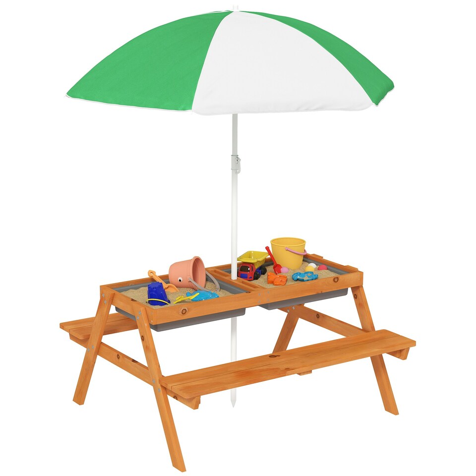 image 1 of Outsunny Wooden Kids Picnic Table, Sand and Water Table with Benches, Brown
