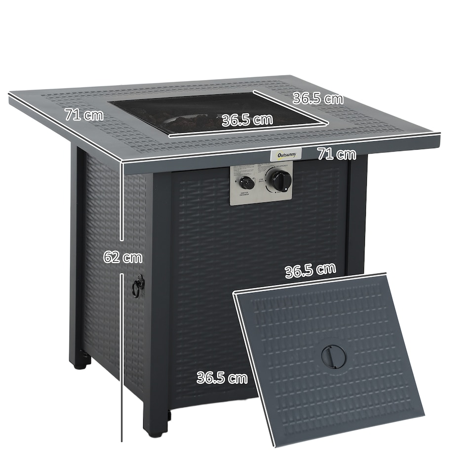 image 1 of Outsunny Outdoor Square Fire Pit Table w/ Lid and Lava Rocks Dark Grey