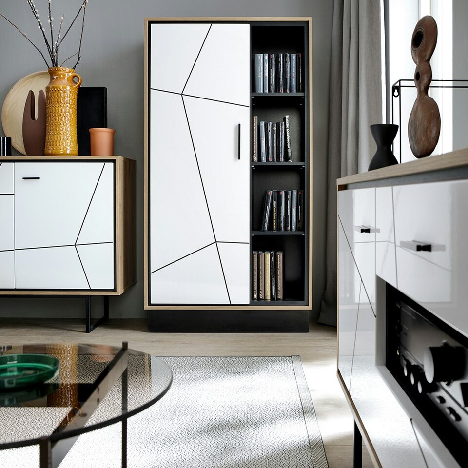 image 1 of Brolo Wide 1 Door Bookcase With the Walnut and Dark Panel Finish
