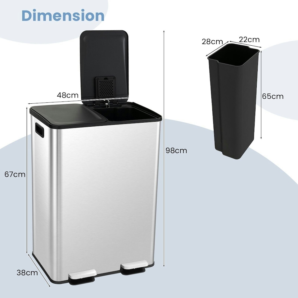 image 1 of COSTWAY 60L Dual Trash Can Bin with 2 Compartments Sliver Silver