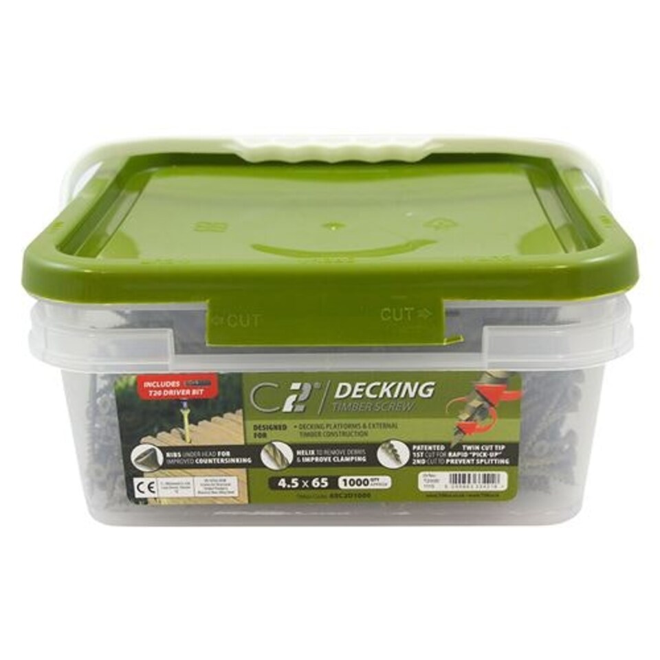 image 1 of Timco - C2 Deck-Fix Premium Decking Screws - TUB - TX - Countersunk - Exterior - Green (Size 4.5 x 65 - 1000 Pieces)