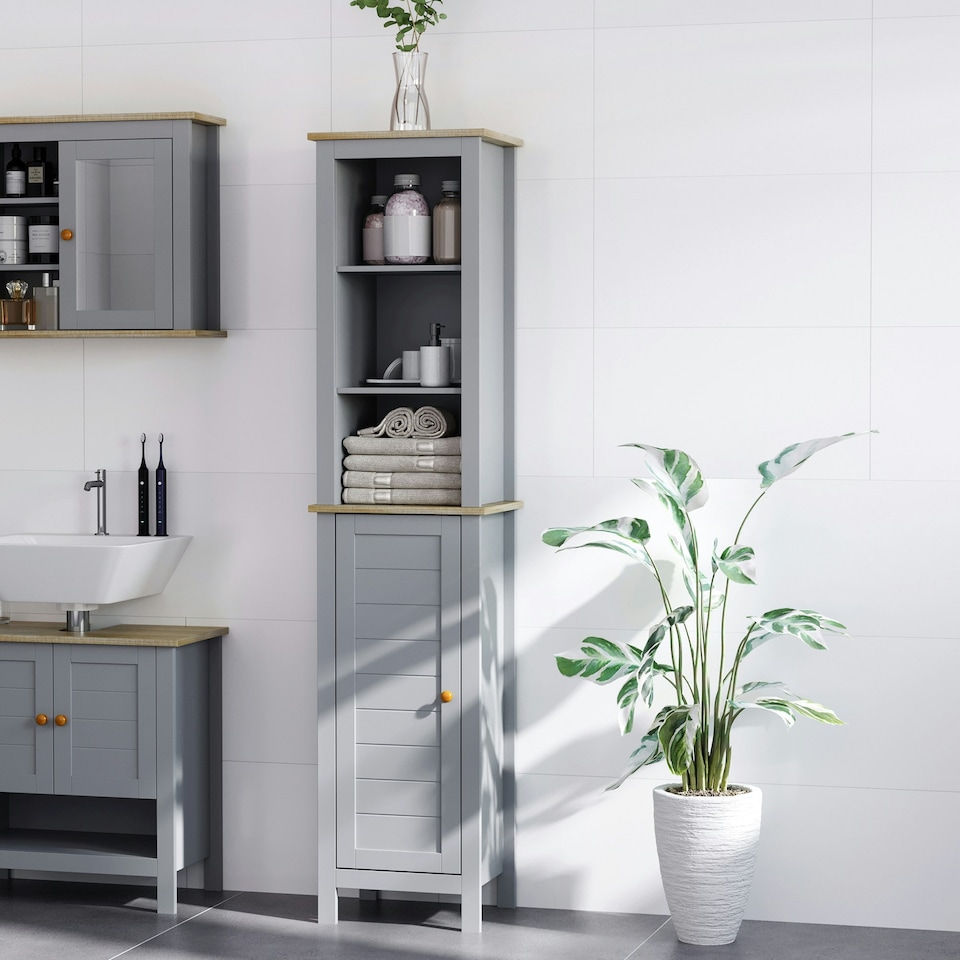 image 1 of kleankin Bathroom Floor Tall Cabinet Storage Unit w/ Cupboard Shelf